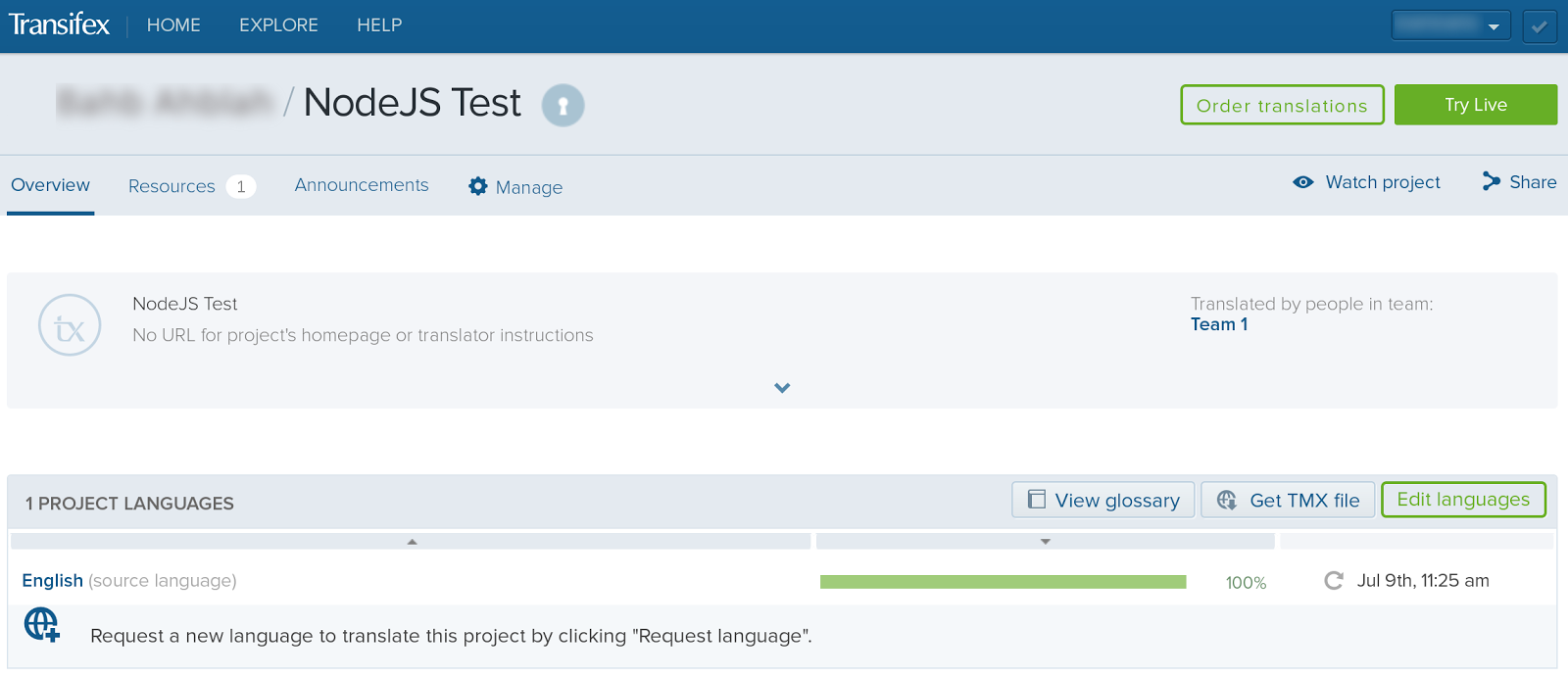 Transifex project page NodeJS