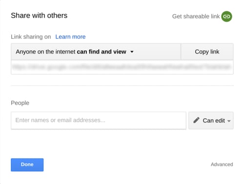 Google Drive share popup